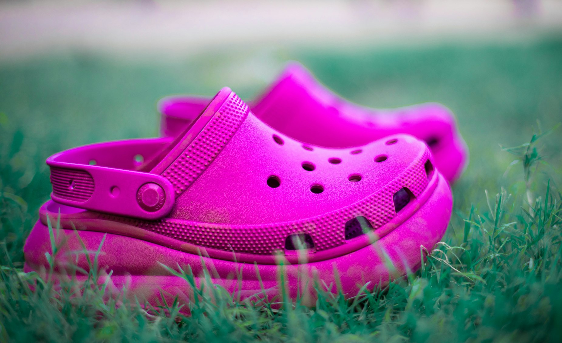 Classic black Crocs in a garden or park setting