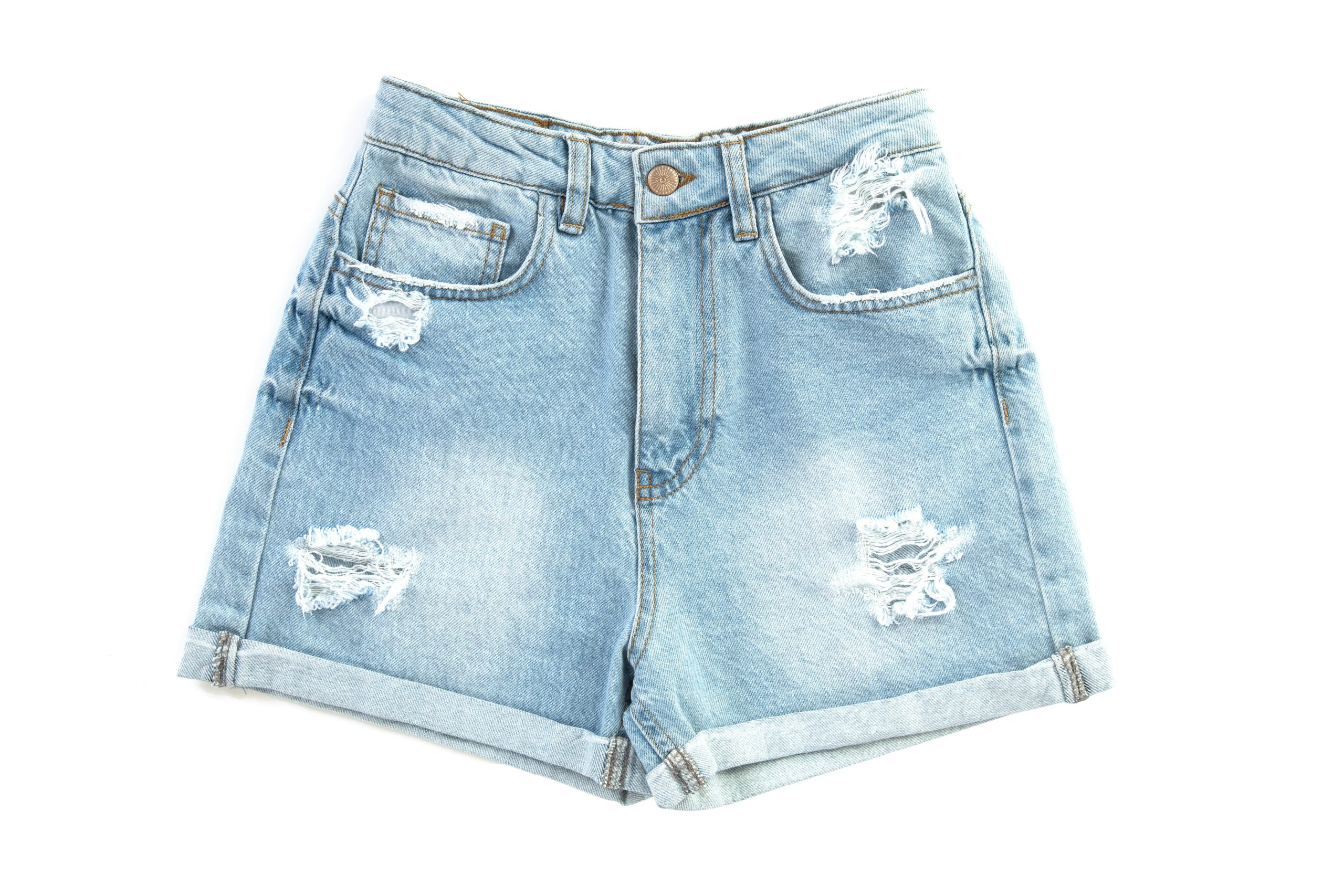 A pair of classic high-waisted jean shorts.