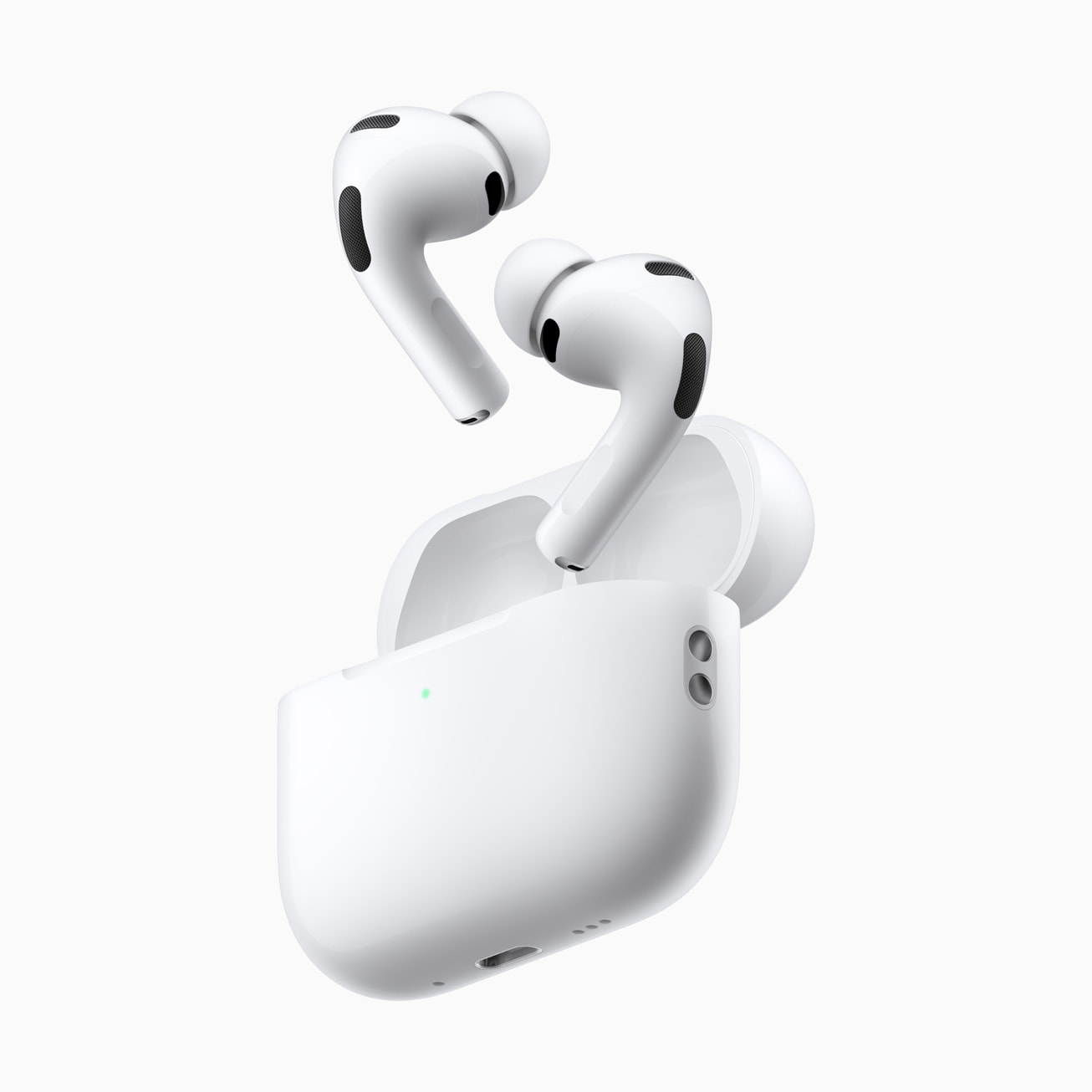 An illustration showing two people communicating using the Live Translation feature on the new AirPods Pro 3.